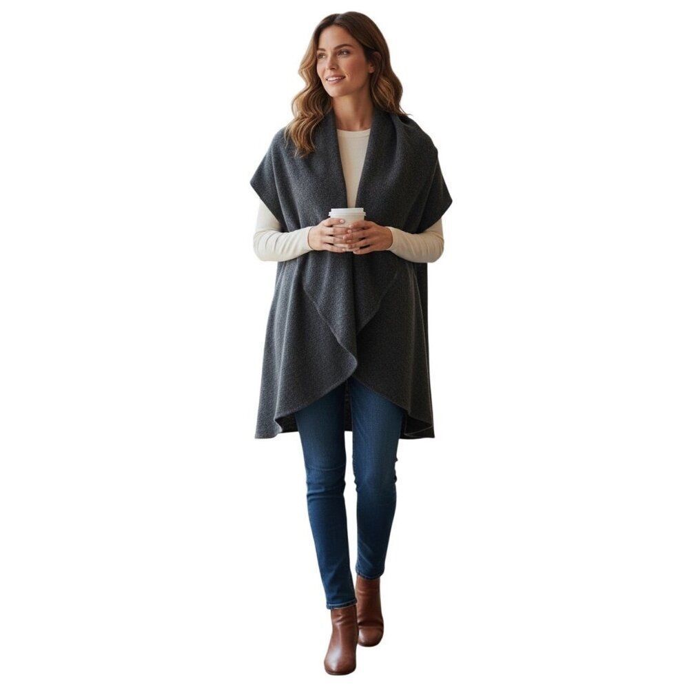 Alanshan Luxe Cashmere Wrap Waterfall Vest Cape Charcoal Gray Size Medium